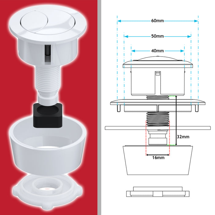 Universal Toilet Cistern Dual Flush Push Button Kit for 20mm 40mm 50mm 60mm Lid Hole (Gloss White)