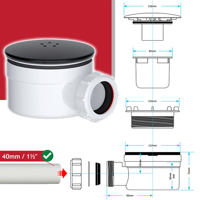 Shower Trap for 90mm Tray Plug Hole 1.5" Luxury Drain Water Waste Dome Base Kit (Matt Black)