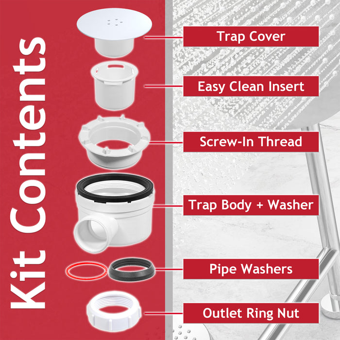 Shower Trap for 90mm Tray Plug Hole 1.5" Luxury Drain Water Waste Dome Base Kit (Matt White)