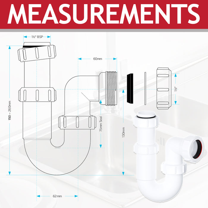 Telescopic Sink P Trap Basin Swivel Plumbing Waste Pipe Kit (40mm / 1.5")