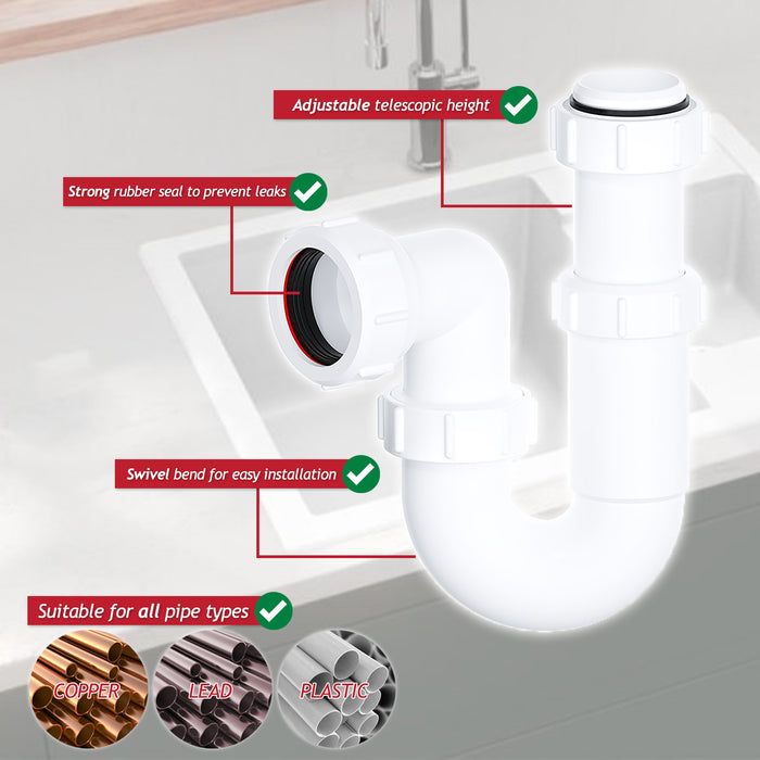 Telescopic Sink P Trap Basin Swivel Plumbing Waste Pipe Kit (40mm / 1.5")