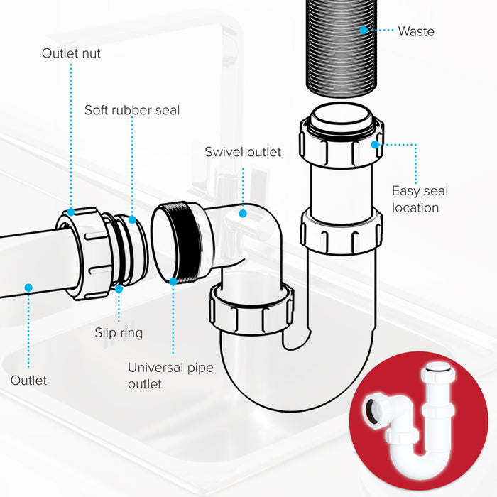 Telescopic Sink P Trap Basin Swivel Plumbing Waste Pipe Kit (40mm / 1.5")