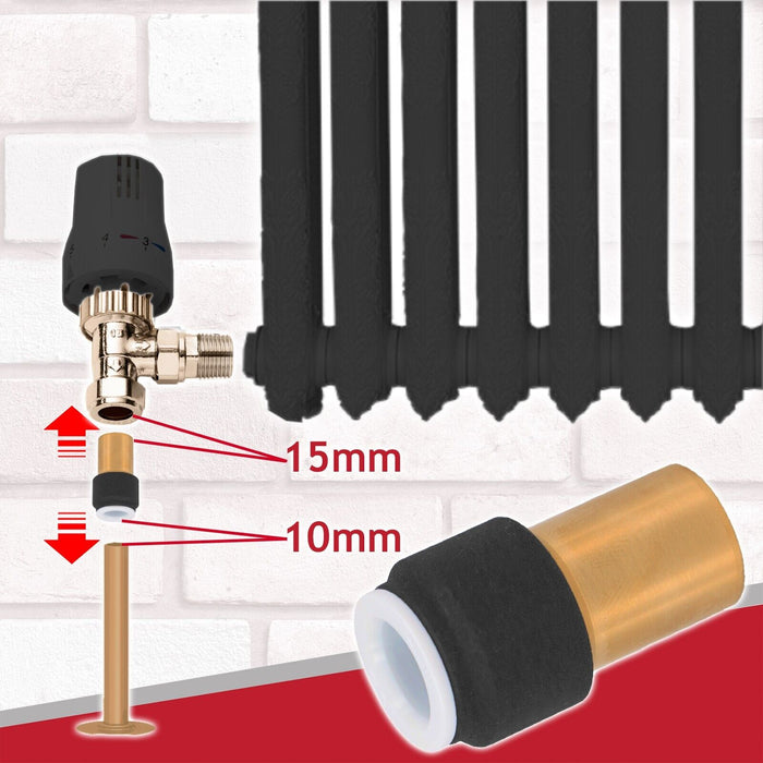 Radiator Valve 15mm x 10mm Black Pushfit Reducing Straight Speed Fit Compression Stem Valves (Pack of 3)