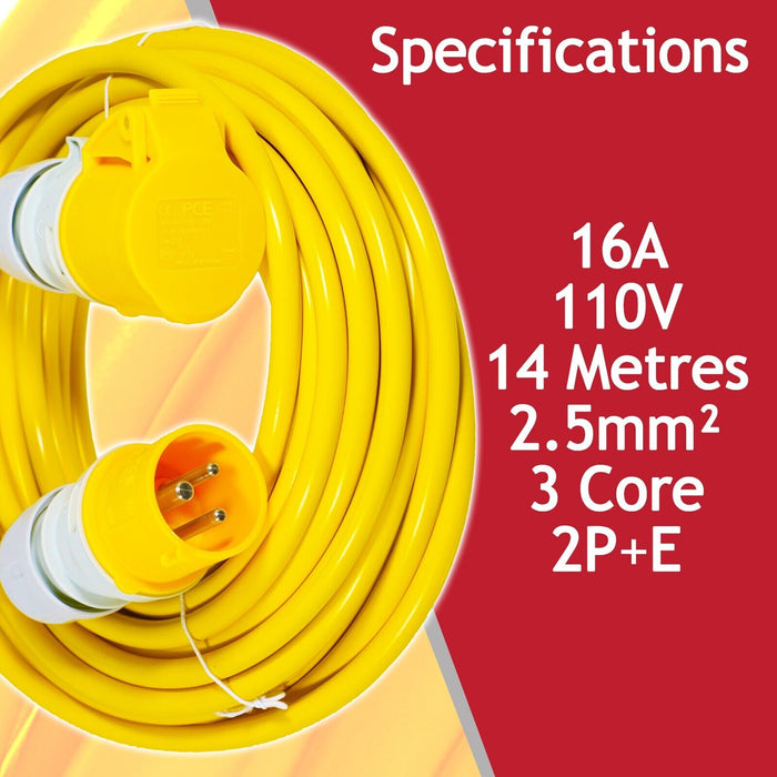 16A Extension Lead 14m 110V 2.5mm Heavy Duty Yellow Power Cable + 2 x 16 Amp Splitter Kit