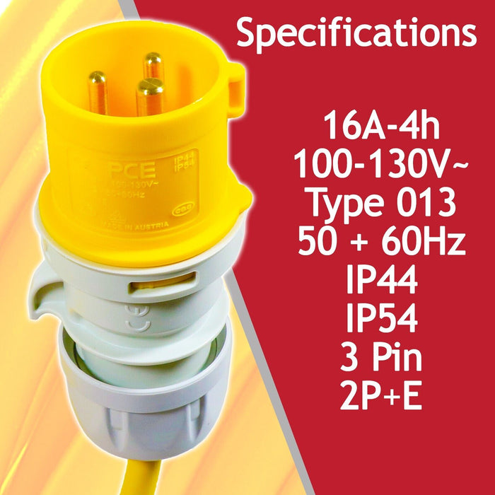 110V Extension Lead 14m 16A 2.5mm Heavy Duty Outdoor Construction Site Generator Cable (Yellow)
