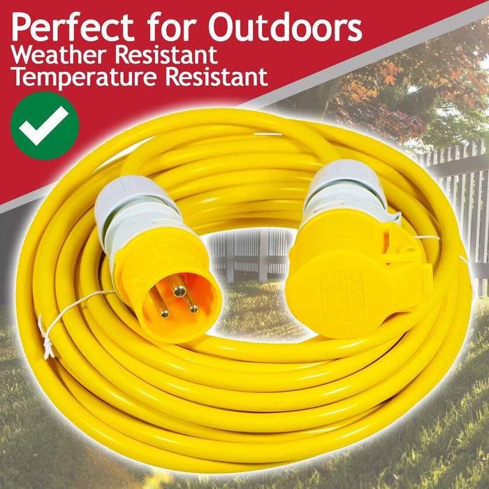 16A Extension Lead 14m 110V 2.5mm Heavy Duty Yellow Power Cable + 2 x 16 Amp Splitter Kit