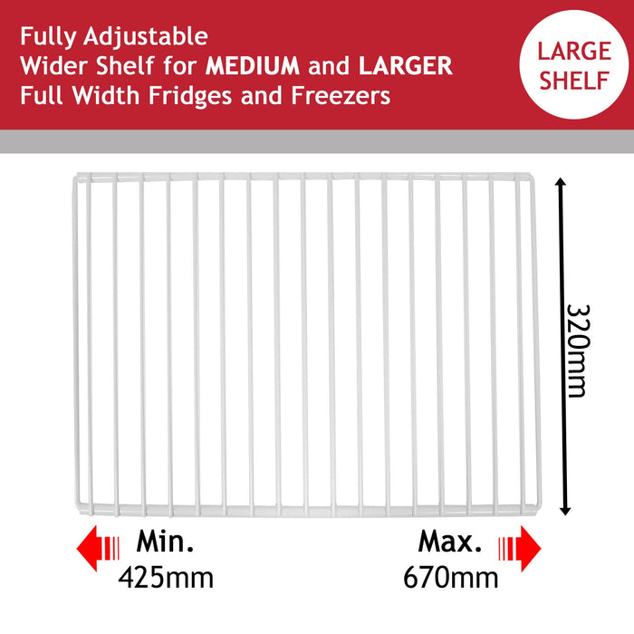Fridge Shelf for LEC Refrigerator Freezer Adjustable White Plastic Coated Extendable Arms (Large, 425mm - 670mm x 320mm)