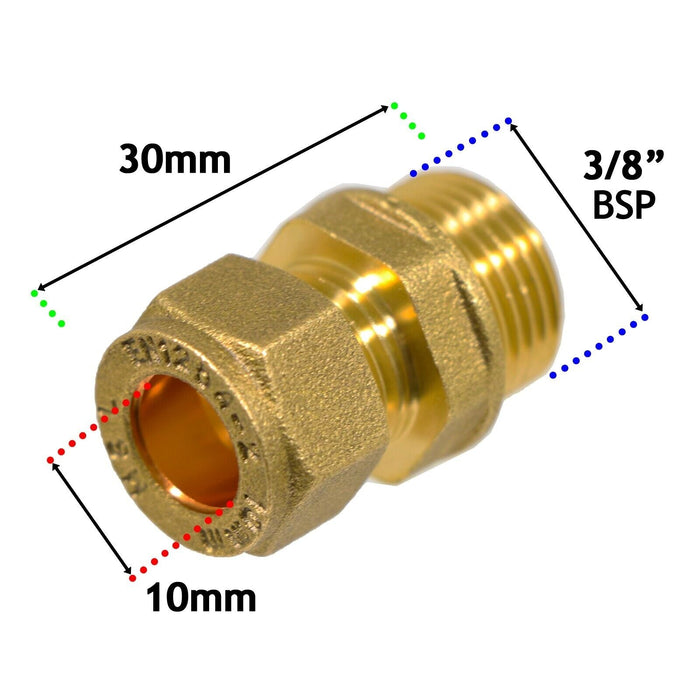 Compression Connector 10mm x 3/8" BSP Male Straight Brass Pipe Coupler Adaptor Fitting (Pack of 2)