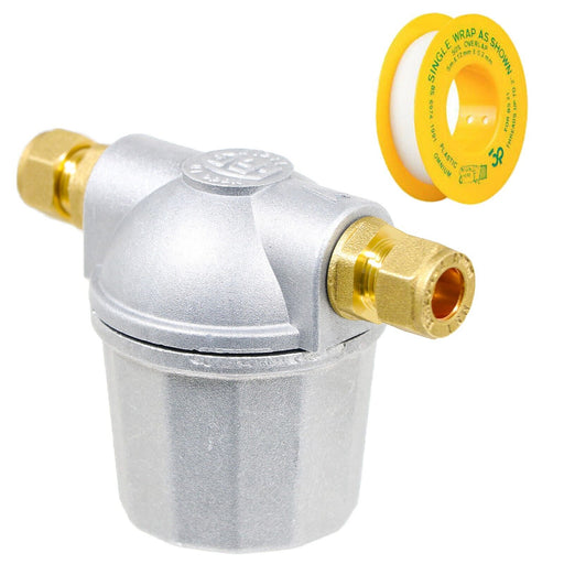 Boiler Filter 3/8" Aluminium Inline Central Heating Oil Fired Fuel Strainer Bowl + PTFE Tape + 2 x 10mm Compression Connectors