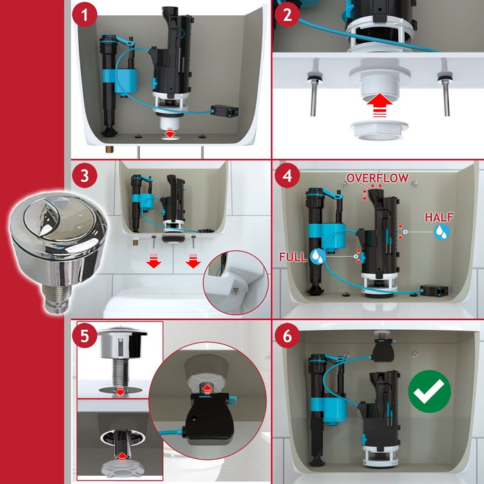 Universal Dual Flush Toilet Valve 1.5" 2" WC Cistern Push Button Lever Handle Kit