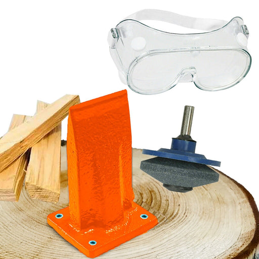 Kindling Splitter Firewood Wedge Splitting Base + Drill Blade Sharpener Attachment + Safety Goggles Kit