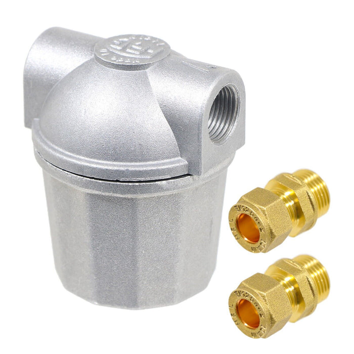 Boiler Filter 3/8" Aluminium Inline Central Heating Oil Fired Fuel Strainer Bowl + 2 x 10mm Compression Connectors