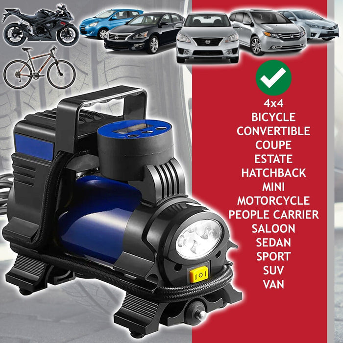 Digital Tyre Inflator 12V Car Bike Van Motorcycle Portable LED Air Compressor Pump (with Carry Bag)