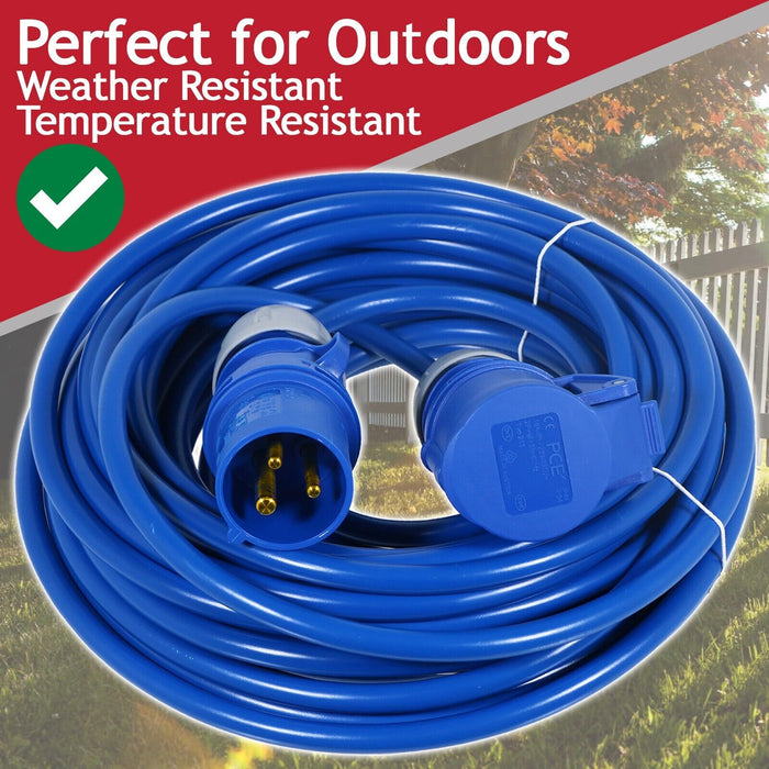 16A Extension Lead 14m 240V 2.5mm Heavy Duty Blue Power Cable + 2 x 16 Amp Splitter Kit