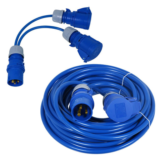 16A Extension Lead 14m 240V 1.5mm Extra Long Blue Power Cable + 2 x 16 Amp Splitter