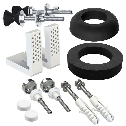 Universal Toilet Fixing Kit (Angled Pan Floor Bracket + Cistern Leak Seal Accessory Set)