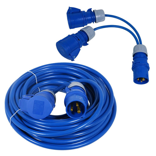 16A Extension Lead 14m 240V 2.5mm Heavy Duty Blue Power Cable + 2 x 16 Amp Splitter