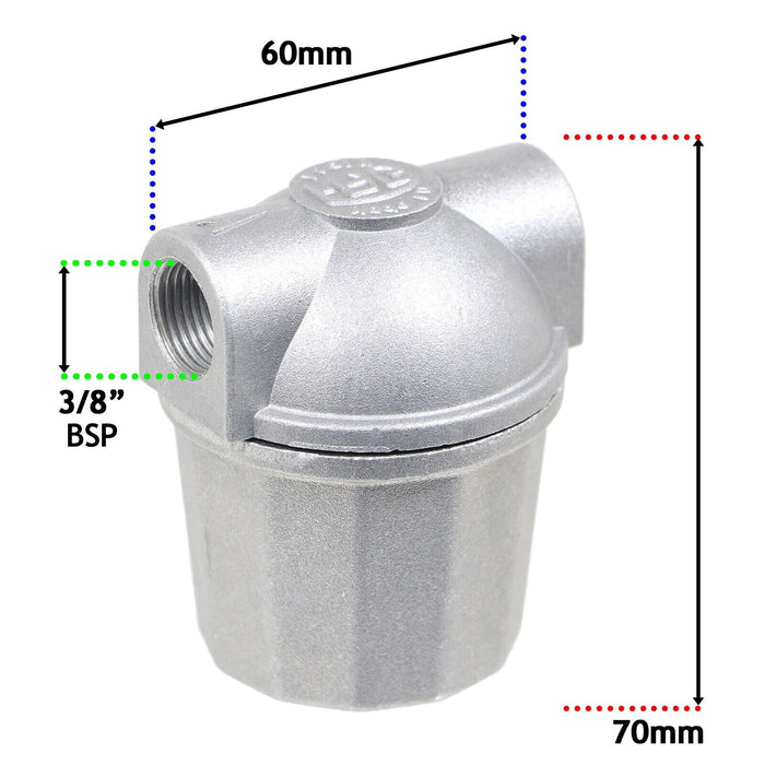 Boiler Filter 3/8" Aluminium Inline Central Heating Oil Fired Fuel Strainer Bowl + 2 x 10mm Compression Connectors