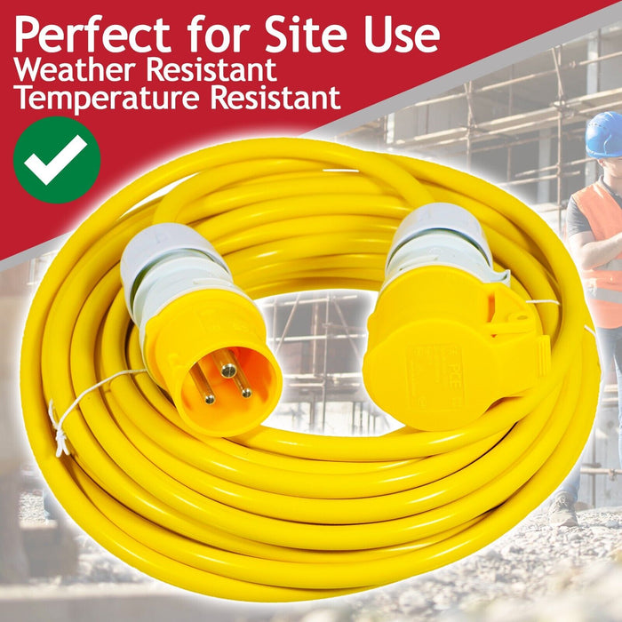 110V Extension Lead 14m 16A 1.5mm Extra Long Outdoor Construction Site Generator Cable (Yellow)