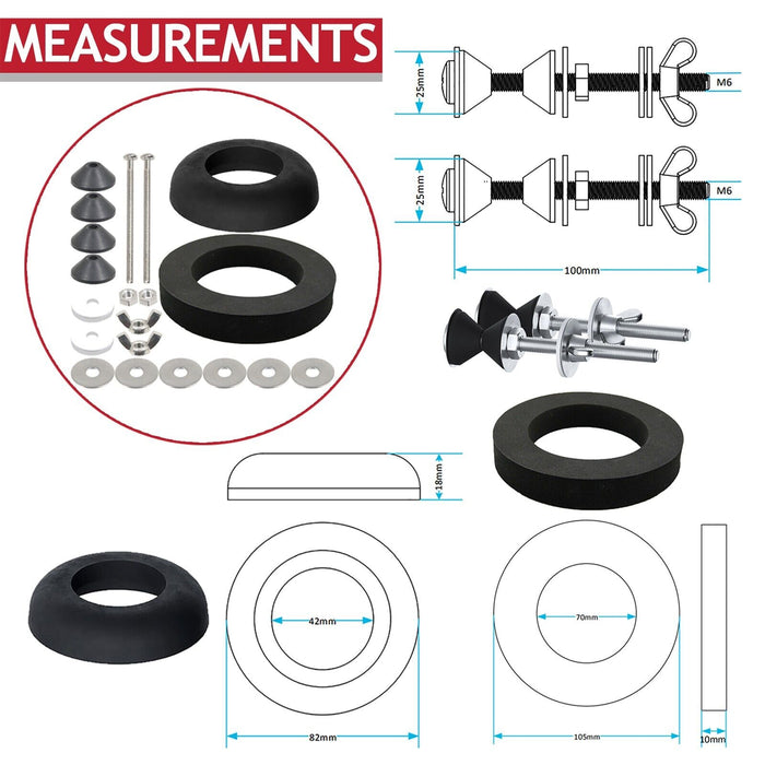 Universal Toilet Fixing Kit (Angled Pan Floor Bracket + Cistern Leak Seal Accessory Set)