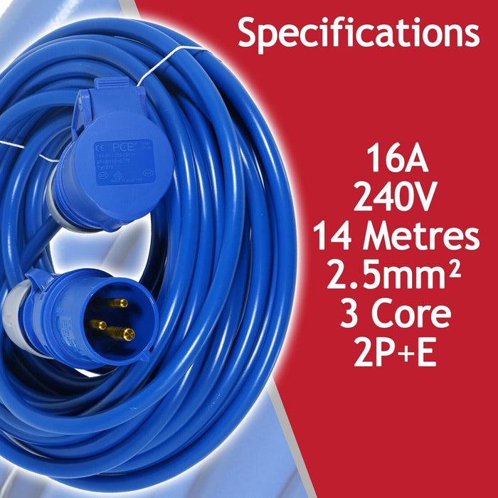 16A Extension Lead 14m 240V 2.5mm Heavy Duty Blue Power Cable + 2 x 16 Amp Splitter Kit