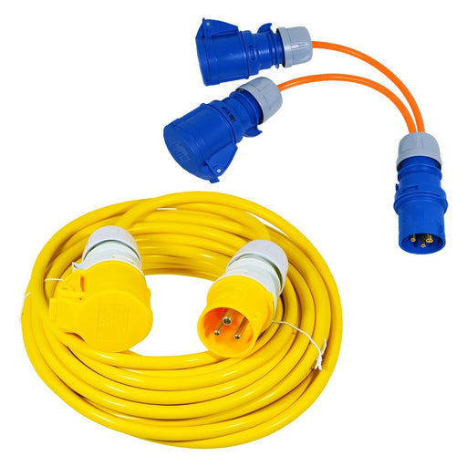 16A Extension Lead 14m 110V 2.5mm Heavy Duty Yellow Power Cable + 2 x 16 Amp Splitter