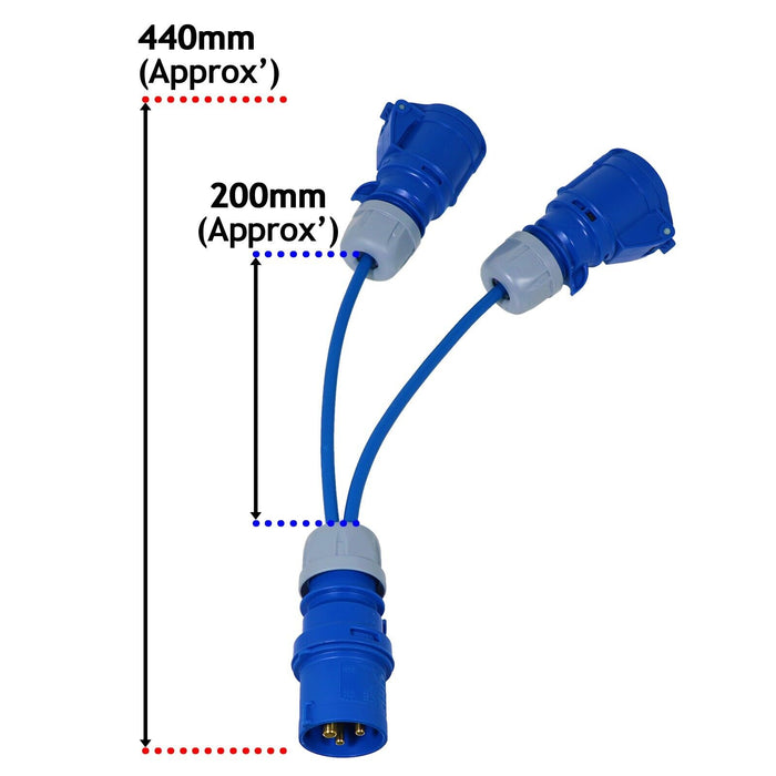 16A Extension Lead 14m 240V 1.5mm Extra Long Blue Power Cable + 2 x 16 Amp Splitter Kit