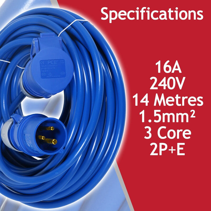 16A Extension Lead 14m 240V 1.5mm Extra Long Blue Power Cable + 2 x 16 Amp Splitter Kit