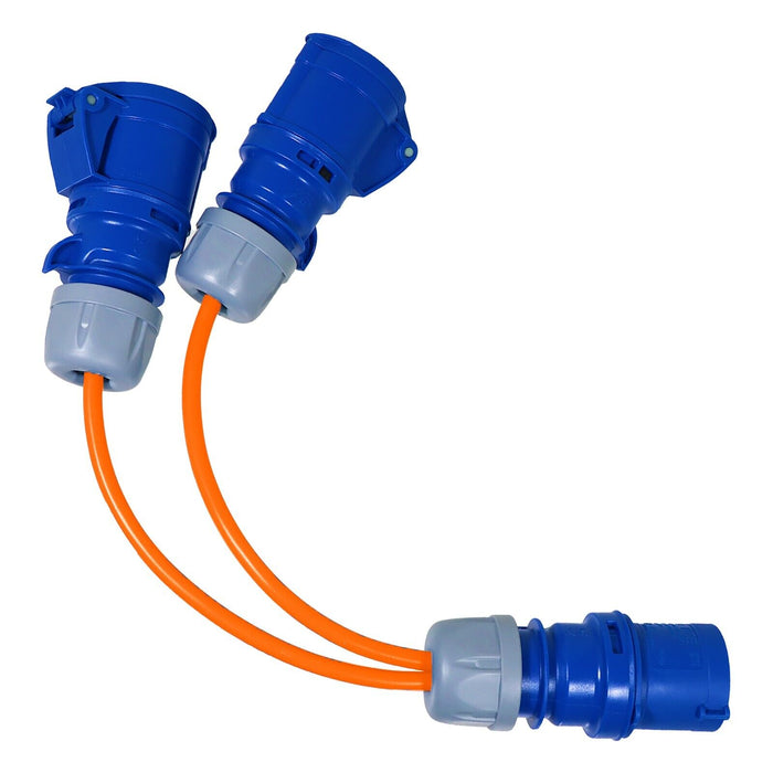 16A Splitter Cable 240V Generator 2 Way Hook Up Y Piece 2 x 16 Amp Sockets (Orange)
