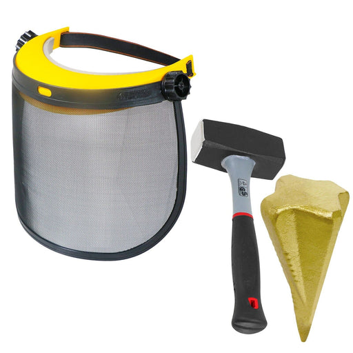 Log Splitting Safety Kit (Splitter Maul Wedge + 4lb Lump Hammer + Mesh Visor Shield)