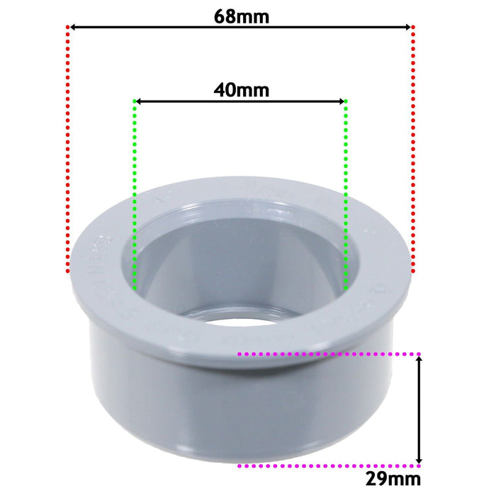 40mm Boss Adaptor Solvent Soil Stack Waste Pipe Reducer Push Fit Seal Ring (Grey)