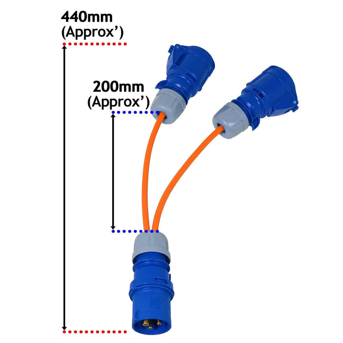 16A Extension Lead 14m Heavy Duty 240V 2.5mm Blue Power Cable + 2 x 16 Amp Splitter Kit