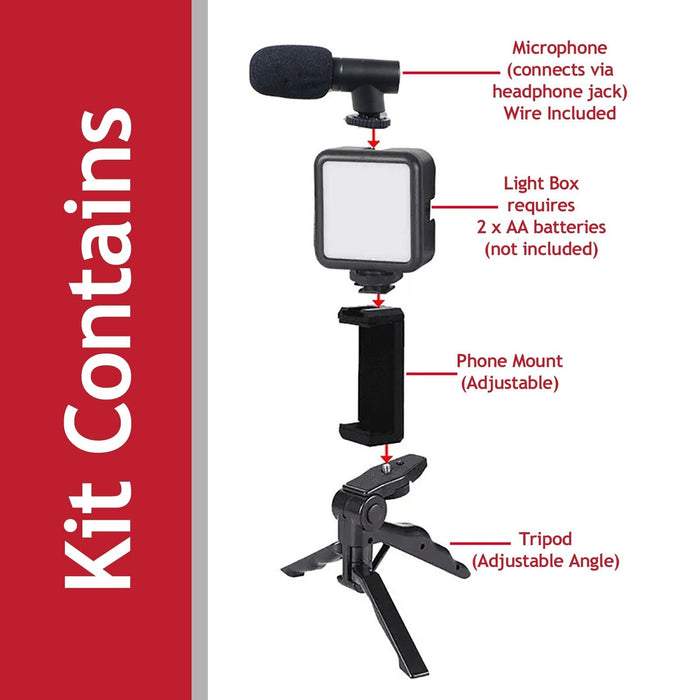 Phone Video Making Kit LED Light Box Mount Adjustable Tripod Microphone Vlogging Set