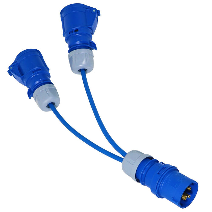 16A Splitter Cable 240V Caravan / Motorhome 2 Way Hook Up Y Piece 2 x 16 Amp Sockets (Blue)