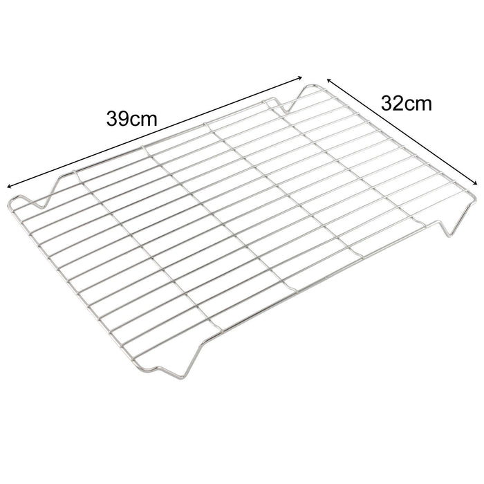 39cm width, 32cm depth, 3cm height Universal Grill Pan Rack Wire Tray