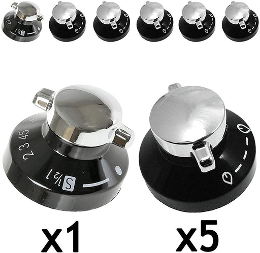 NEW WORLD Gas Hob Oven Cooker Control Knobs Genuine (Black / Silver, Pack of 6)