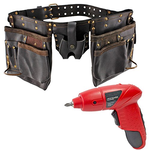 Double Leather Tool Belt 12 Pocket Pouch & Mini Cordless Rechargeable Electric 4.8v Screwdriver
