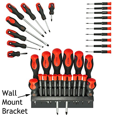 32 Piece Complete Magnetic Precision Screwdriver Bit Tool Set & wall mount bracket