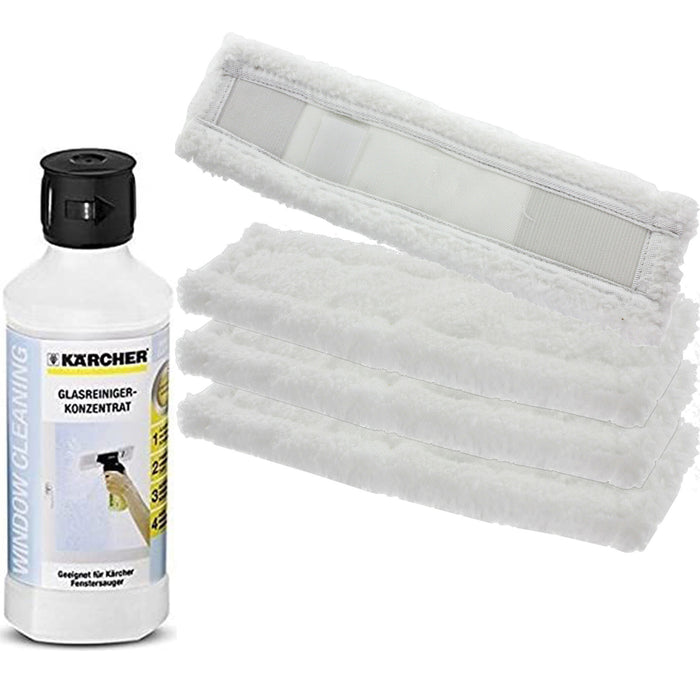 Cloth Pads + Cleaning Fluid for KARCHER Window Vac Vacuum - 4 x Pads + 500ml