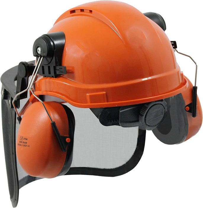 SPARES2GO Chainsaw Safety Helmet with Mesh Visor, Ear Muffs & Gloves