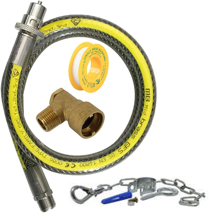 UNIVERSAL Oven Cooker Gas Supply Hose Pipe + PTFE Tape + Safety Chain + Angled Connector Kit (3ft 1/2 inch, Straight Bayonet, BS EN14800 CE)