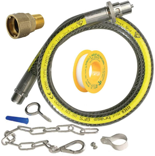 UNIVERSAL Oven Cooker Gas Supply Hose Pipe + PTFE Tape + Safety Chain + Straight Connector Joint Kit (3ft 1/2 inch, Straight Bayonet, BS EN14800 CE)