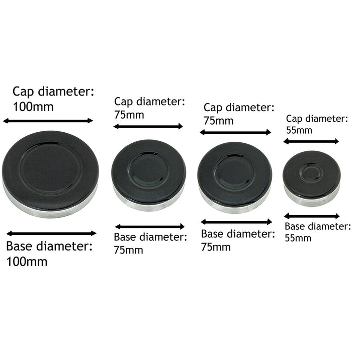 Non Universal Oven Cooker Hob Gas Burner Crown & Flame Cap Kit - Small, 2 Medium & Large, 55mm - 100mm