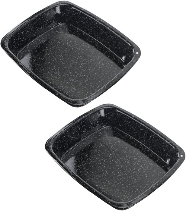 White Speckled Vitreous Enamel Deep Roasting Tin Oven Baking Tray (Pack of 2 Trays)