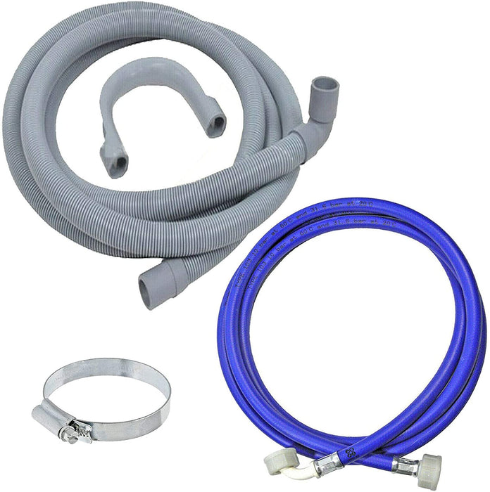 Universal Washing Machine Water Inlet Fill Hose + Outlet Drain Hose Pipe + Worm Drive Screw Clip (2.5m