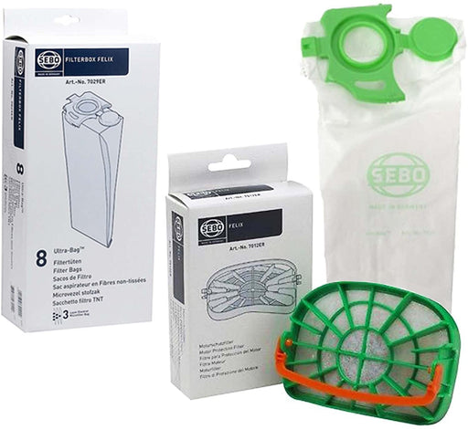 SEBO Vacuum Cleaner Dust Bags + Filter Set Genuine Felix UltraBag Pre Motor 7029ER 7012ER (Pack of 8 Bags)