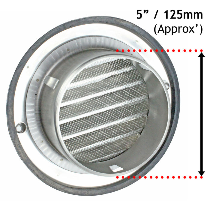 Stainless Steel Round Bull Nosed External Extractor Wall Vent Outlet with Insect Mesh Grille (5" / 125mm)