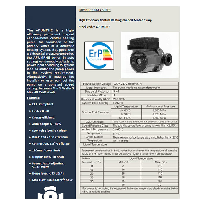 Boiler Circulation Pump for IDEAL BAXI POTTERTON VAILLANT 15-50 15-60 ECO 130mm