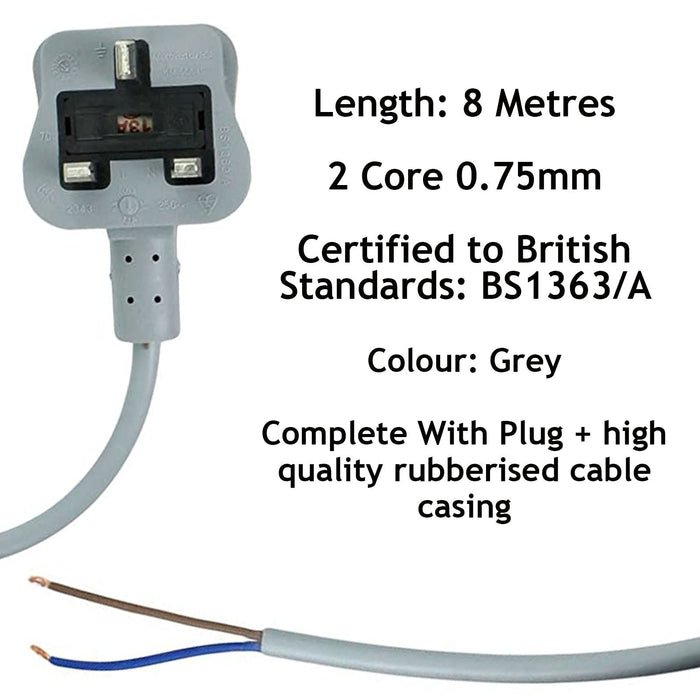 Mains Cable for Karcher Vacuum Cleaner Hoover Lead Grey 8M Replacement