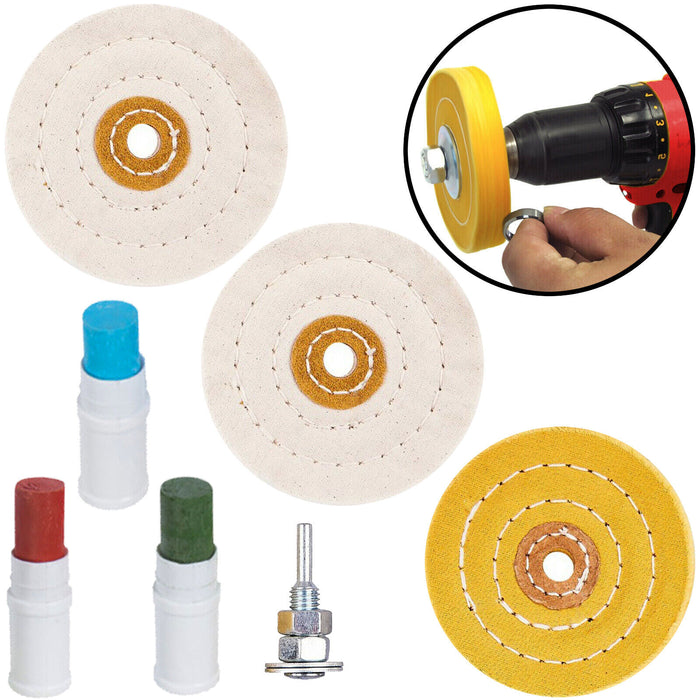 Metal Cleaning Polishing Buffing Wheel & Compound Polish Kit for Drill 7 Pce Set